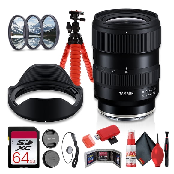 Tamron 16-30mm f/2.8 Di III VXD G2 Objectif Zoom Ultra Grand-Angle pour Sony E / Plein Cadre, Ouverture Rapide f/2.8, Mise au Point Automatique VXD, FOV 107° + Carte Mémoire 64 Go + Trousse de Filtres + Trépied Flexible + Lecteur de Cartes