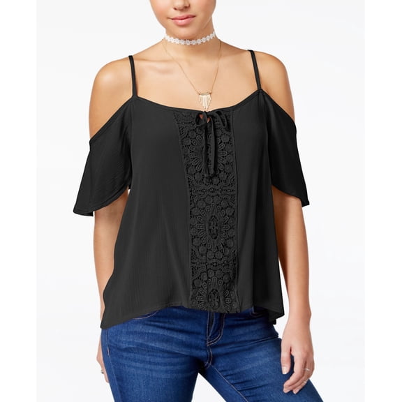 Seven Sisters Juniors Crochet Trim Cold Shoulder Top Black M