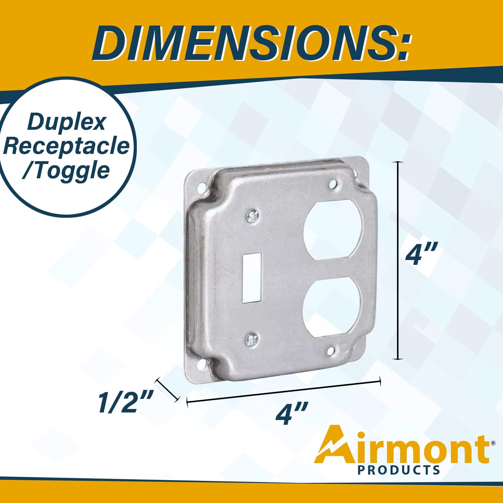 5 Pack Airmont Products 2-Gang Toggle and Duplex Electrical Box Cover - 4 Inch Square 1/2 Inch Raised Galvanized Steel Exposed Work Cover - Surface Mount Junction Box Cover for Outlet Combos