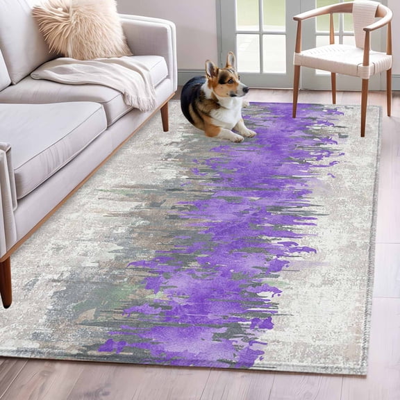 Area Rugs for Living Room Bedroom, Purple Grey Abstract 4'x6' Rug Washable Carpet Runner Indoor Outdoor, Gradient Geometric Graffiti Modern Art Non Slip Accent Floor Mats Rug for Kitchen, Office