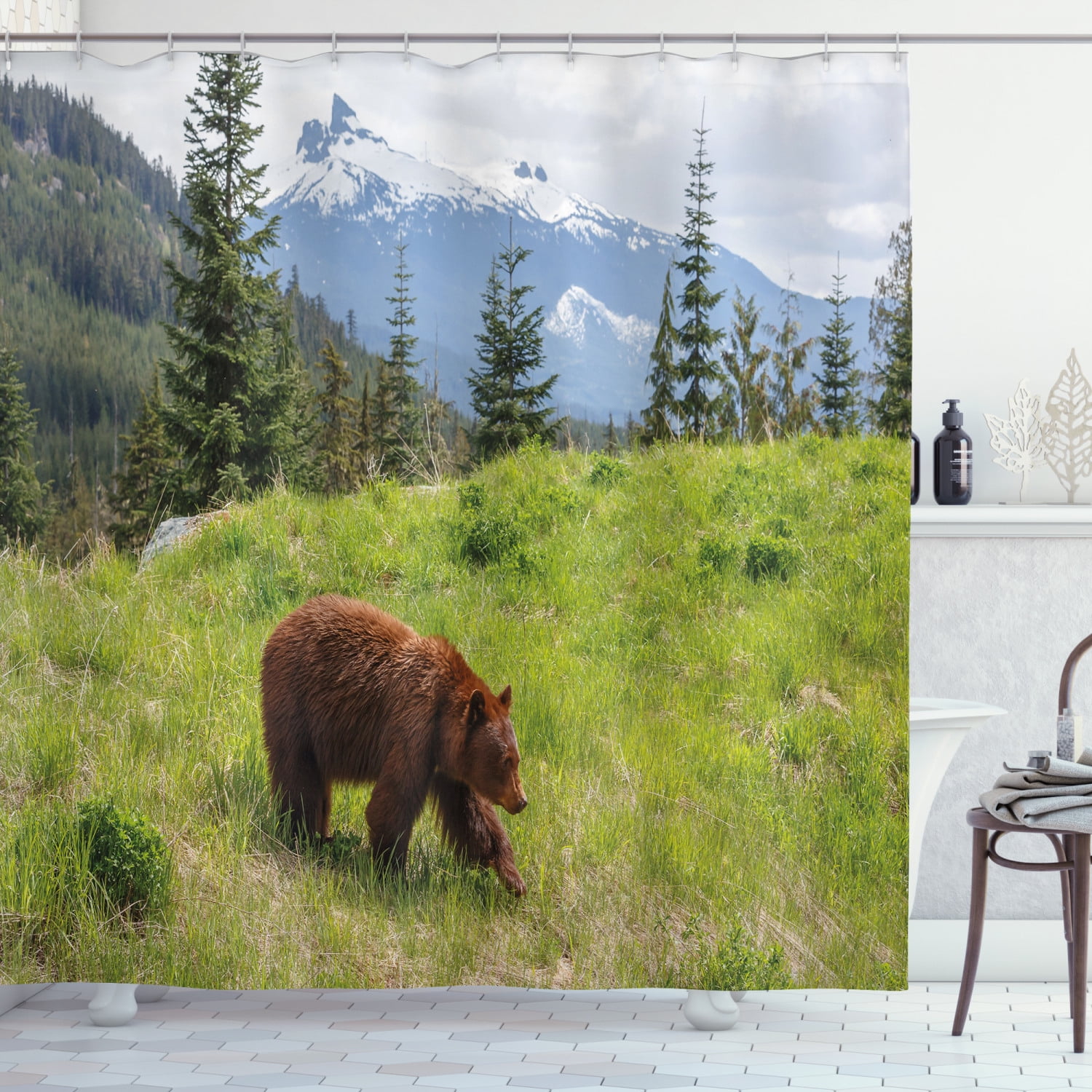 Bear Shower Curtain, Wildlife up in the Mountains Theme Furry Animal