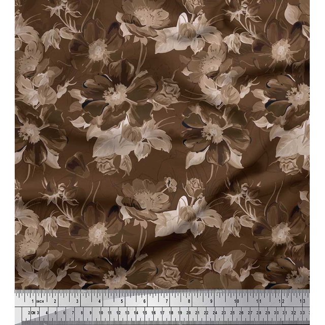 Soimoi Brown Modal Satin Fabric Leaves & Floral Decor Fabric Printed BTY 42 Inch Wide
