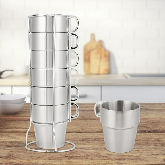 Stainless Steel Stackable Coffee Cups, Insulated Tea Mugs with Handle, Double Wall Coffee Mug Set of 6, Keep Drinks Hot or Cold Longer, Metal Stand for Kitchen