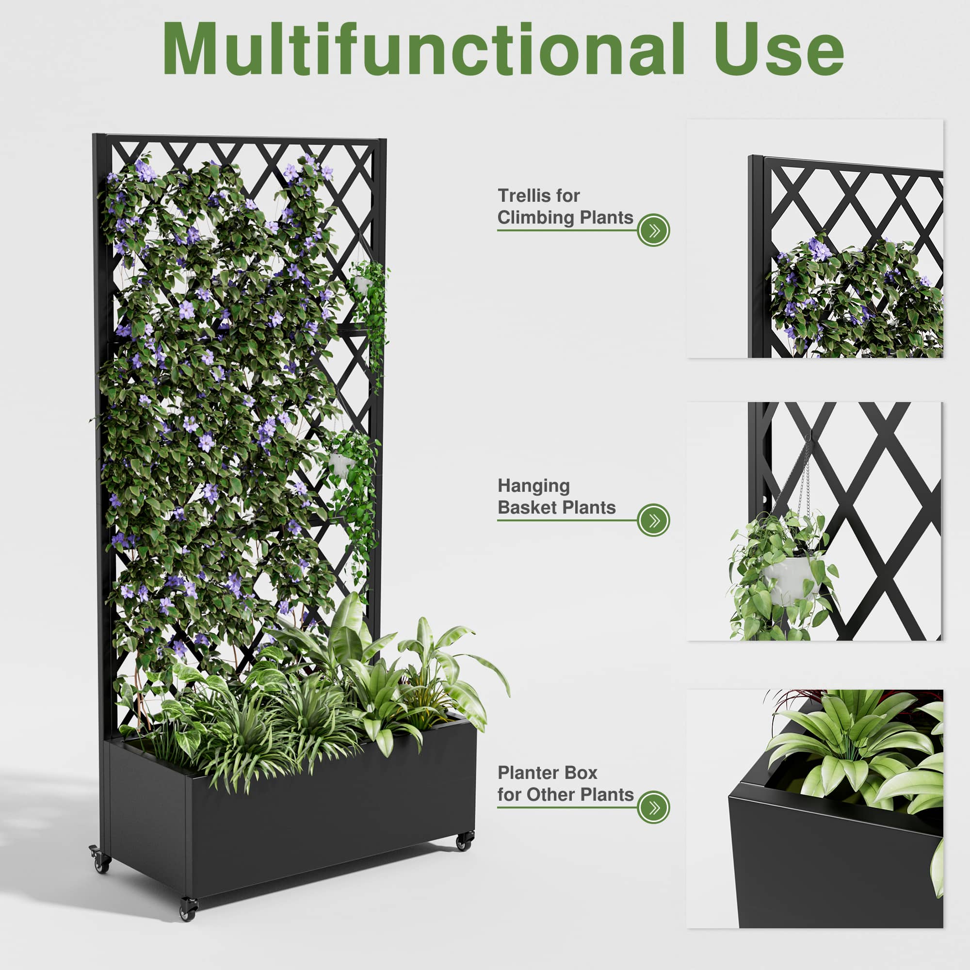 MAYEERTY 71" x 35" Metal Raised Garden Bed with Trellis Planter Box for Climbing Plants, Black