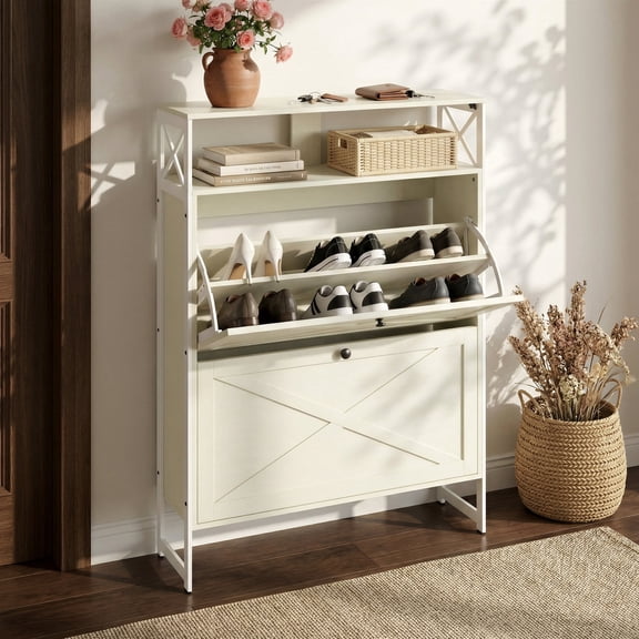 Manora Shoe Storage Cabinet, Wooden Shoe Cabinet with with 2 Flip Drawers , Hold 18-24 Pairs for Entryway Hallway, Rustic White