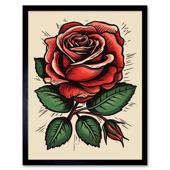 Rose Bloom Bud Old School USA Tattoo Ink Body Art Rockabilly Americana 50s Art Print Framed Poster Wall Decor 12x16 inch