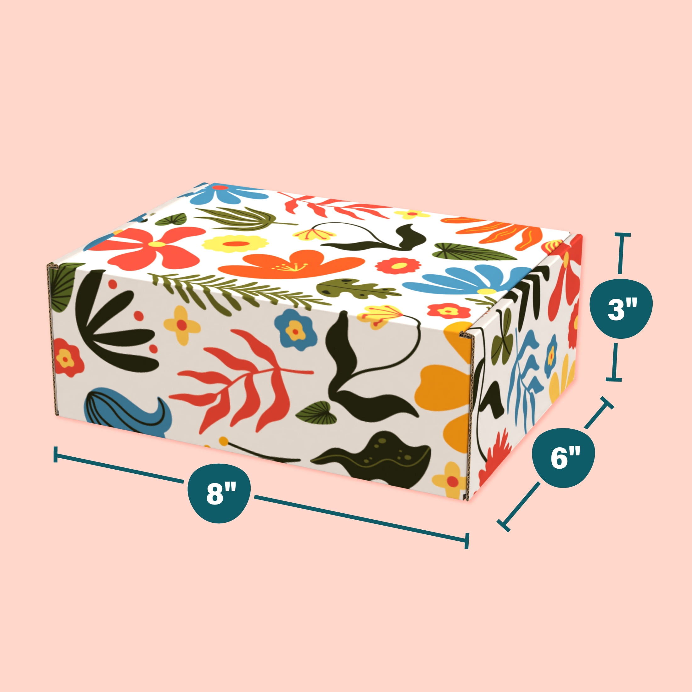 Decorative Flower Print Shipping Boxes, Tuck Top 12-Pack, 8” x 6” x 3”
