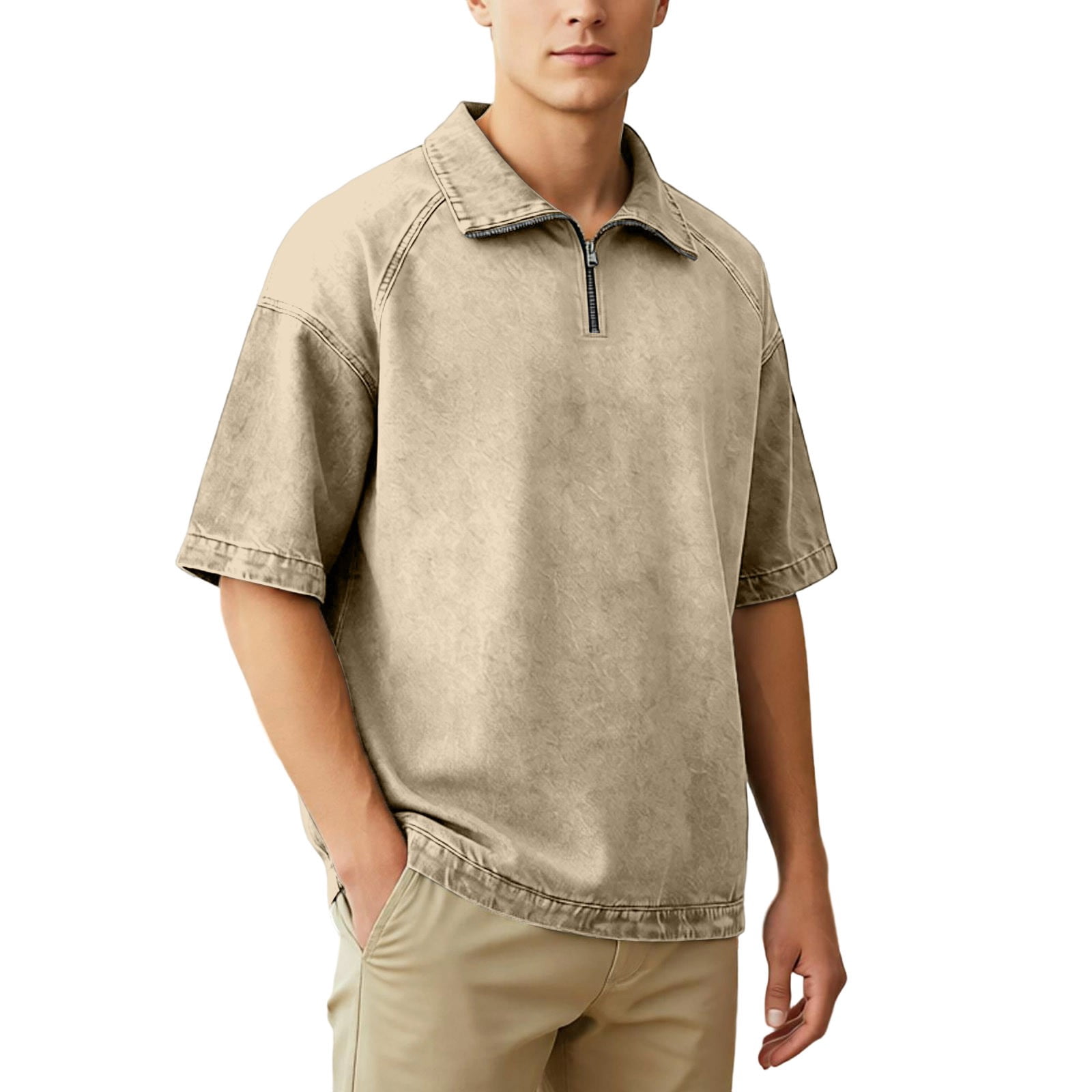 Rhuody T Shirts For Man Adult Referee Shirt V Neck Striped Sweatshirt Short Sleeved Top Charm Clothing Beige M