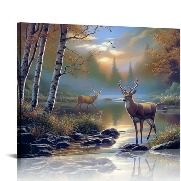 Acheng Gold Framed Vintage Wall Art Landscape Deer Painting Wall Art Canvas Print Farmhouse Bedroom Living Room Wall Decor 20x16in