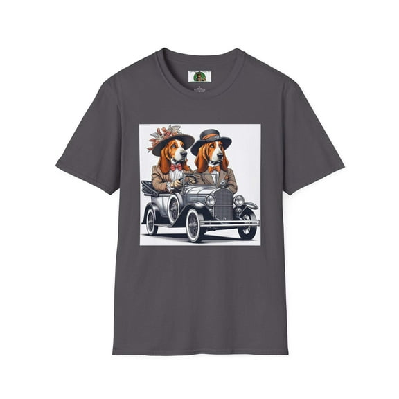 Mr and Mrs Basset Hounds Driving a Vintage Car Unisex Softstyle T-Shirt