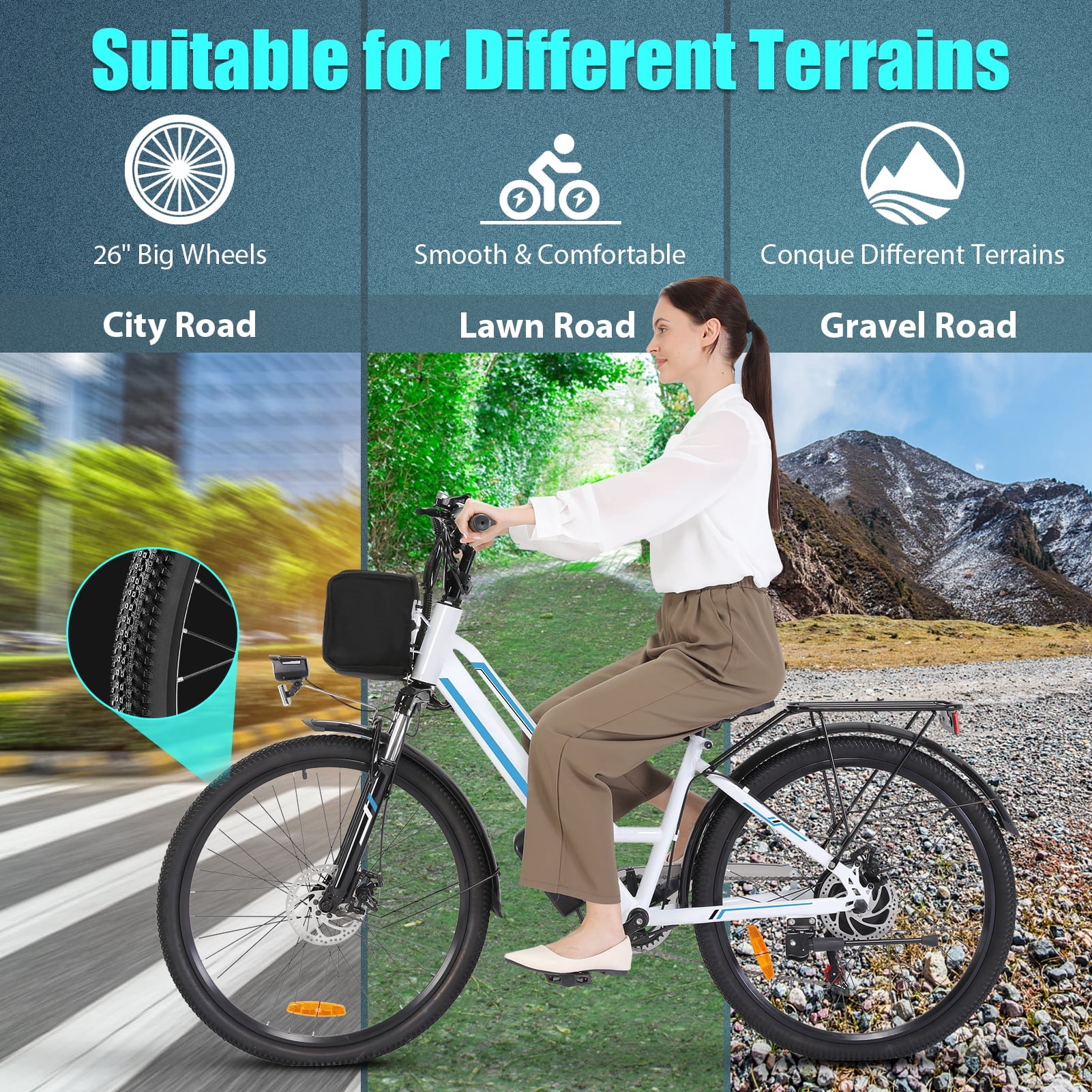 Elifine 500W Electric Bike for Adults, 26" Commuter Electric Bicycle 19.8mph City Ebike with 5 Riding Modes, 48V 7.8Ah Removable Battery UL 2849, LCD Intelligent Display Hybrid Electric Bike White