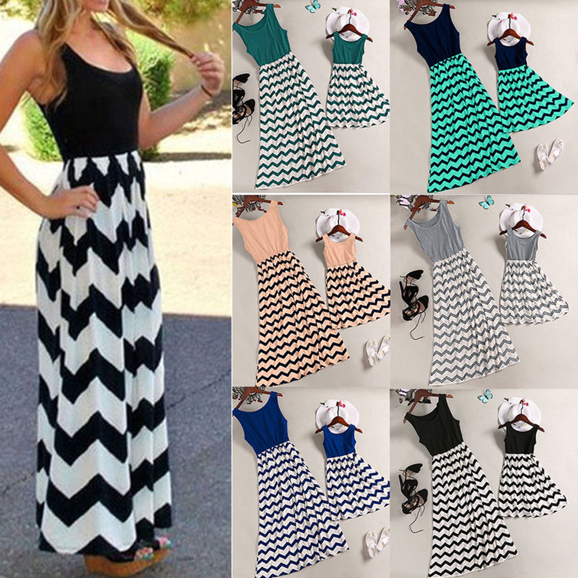 Robe Maxi Bohème Décontractée à Rayures pour Mère et Fille Tenues Assorties Maman et Moi
