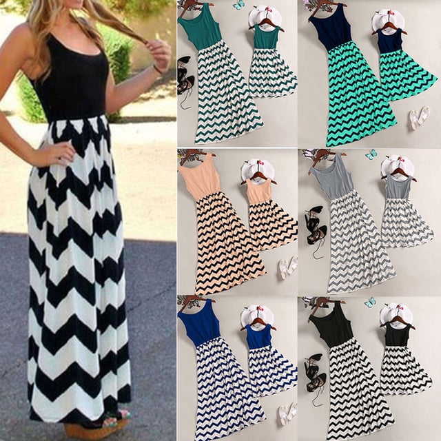 Robe Maxi Bohème Décontractée à Rayures pour Mère et Fille Tenues Assorties Maman et Moi