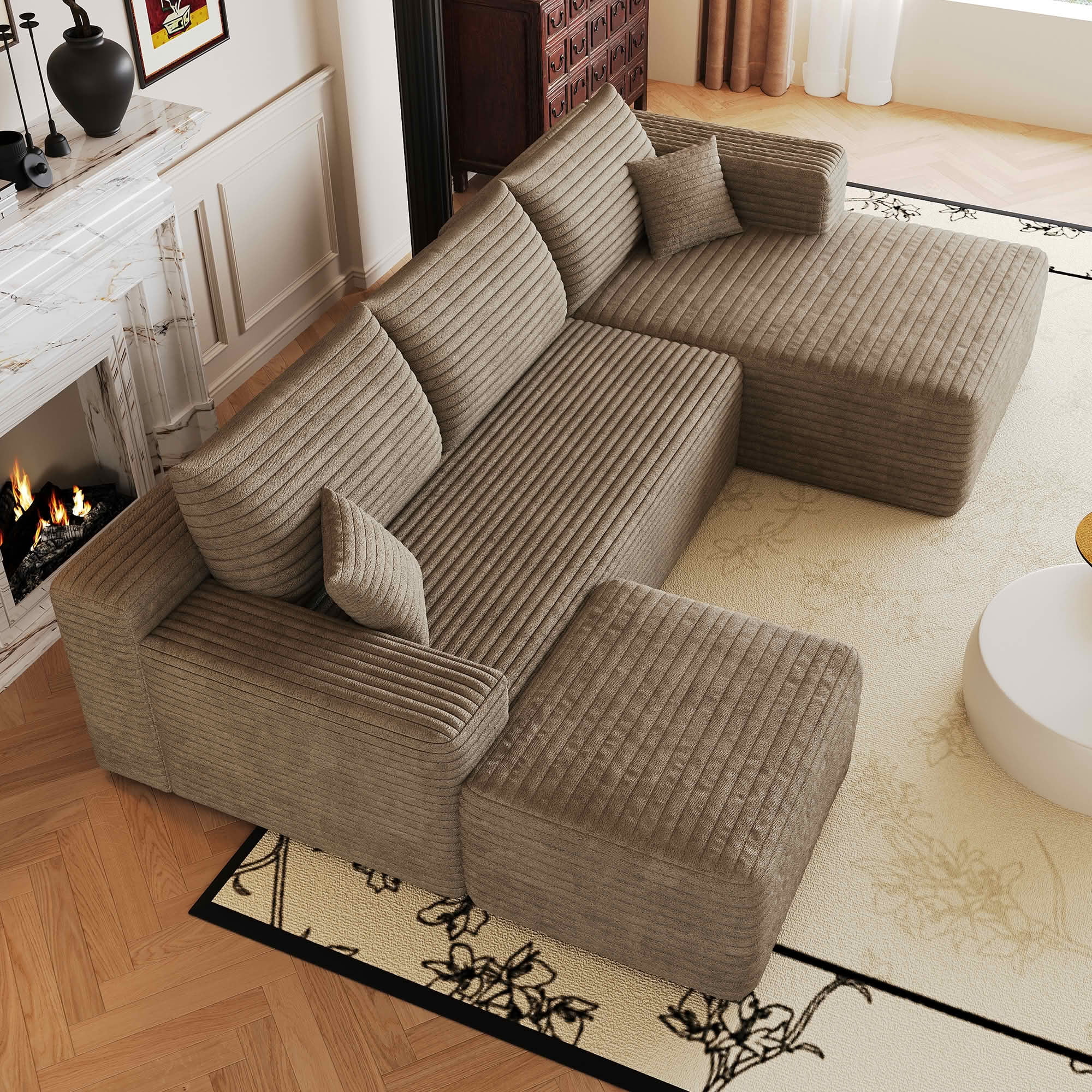 MAYEERTY 103 Inch L‑Shaped Cloud Sectional Sofa with 1 Ottoman, Modern Minimalist Deep‑Seat Corner Couch, Plush Corduroy Upholstered Reversible Sofa, No‑Assembly Required for Living Room Apartment
