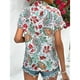thumbnail image 3 of Mujeres camisa de manga corta V cuello rollo dobladillo puños blusa impresión decoración niñas verano Top verde impresión S, 3 of 8