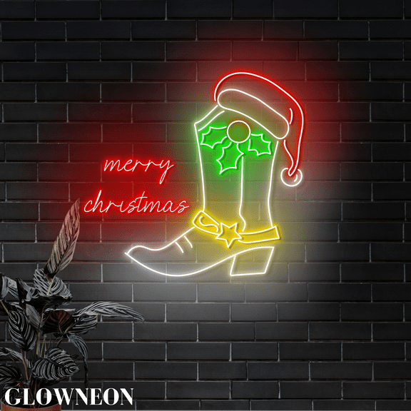 Glowneon Cowboy Boot Christmas Neon Sign, Cowboy Bar Christmas Decor