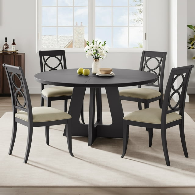 Farmhouse Dining Table, 47 Inch Round Kitchen Table for 4, Industrial Dinner Table with Wooden Top and Metal Base for Home Dining Room or Living Room(No Chairs)