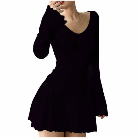Hvot&aat Women Bodycon Sexy Ruffle Hem Mini Dress Long Sleeve V Neck Ribbed Knit Short Dress Cocktail Club Party