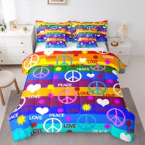 Manfei Peace and Love Bedding Comforter Set 7-Piece for Kids, Cartoon Groovy Floral King Bedding Sets, Love Heart Reversible Bed Sheets, Luxury Bedroom Decor