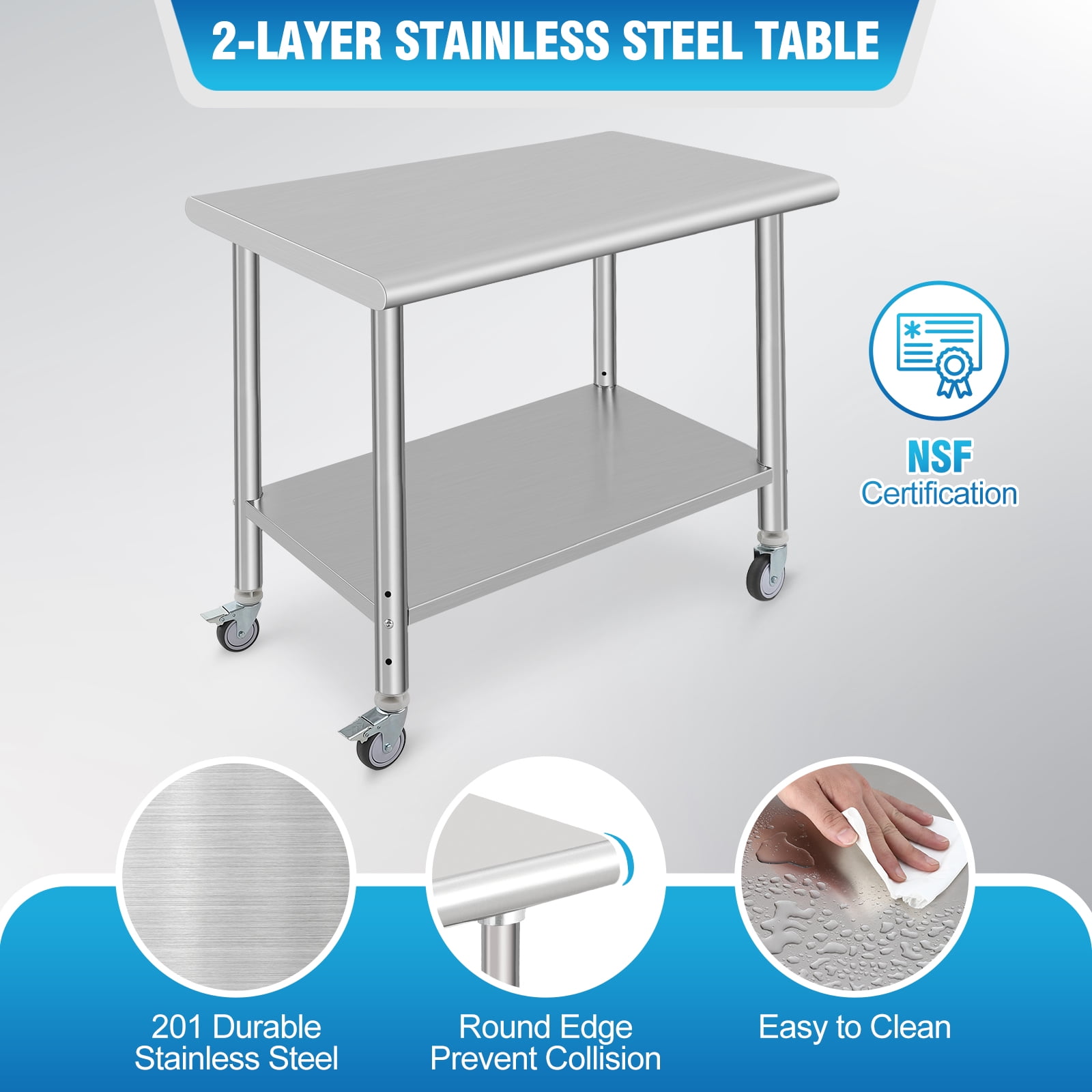 Towallmark Stainless Steel Work Table 36 x 24 inch with 4 Wheels Commercial Food Prep Worktable with Casters  Work Table for Commercial Kitchen Restaurant