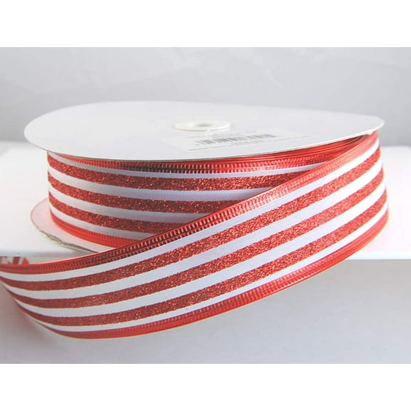 Glinton Red Glitter Stripes on White Wired Ribbon 1 1/2" Wide - 50 Yards