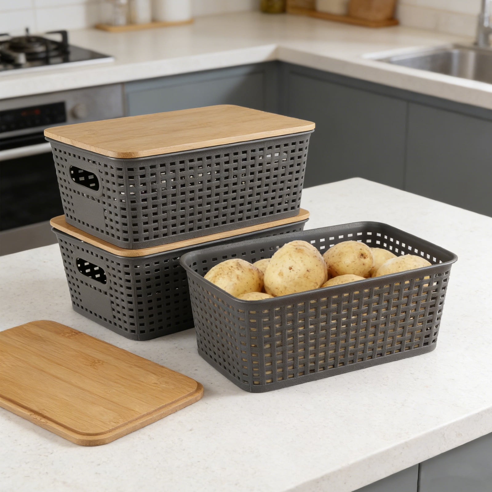Pethiy 3-Piece Storage Set with Bamboo Lids, Ventilated Potato & Onion Bins with Handles, Pantry Organizer for Vegetables, Fruit & Snacks