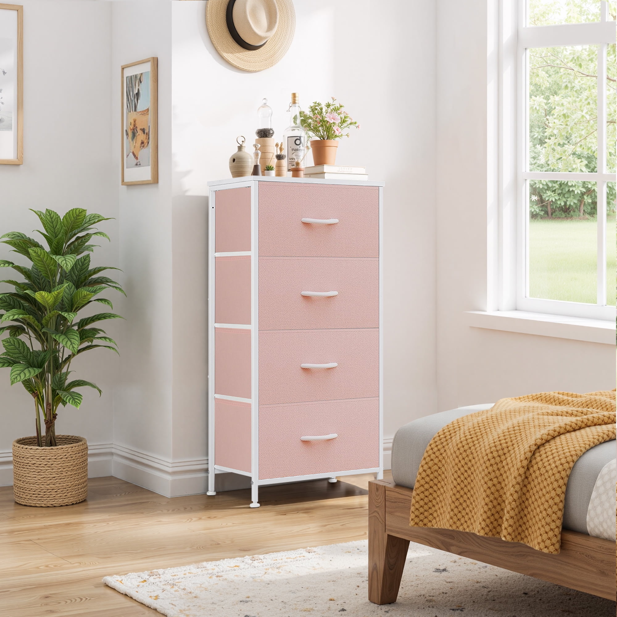 Dresser, Betcozy Storage Organizer with 4 Drawers for Bedroom, Nightstands with Sturdy Metal Frame, Wood Tabletop for LivingRoom, Entryway,Pink