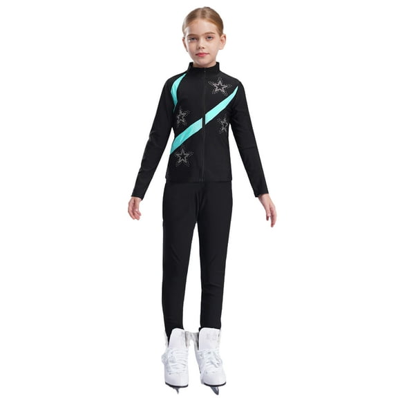 Aislor Girls Figure Skating Jacket Ice Ballet Dance Long Sleeve Jackets with Leggings for Competition Blue Green 5-6