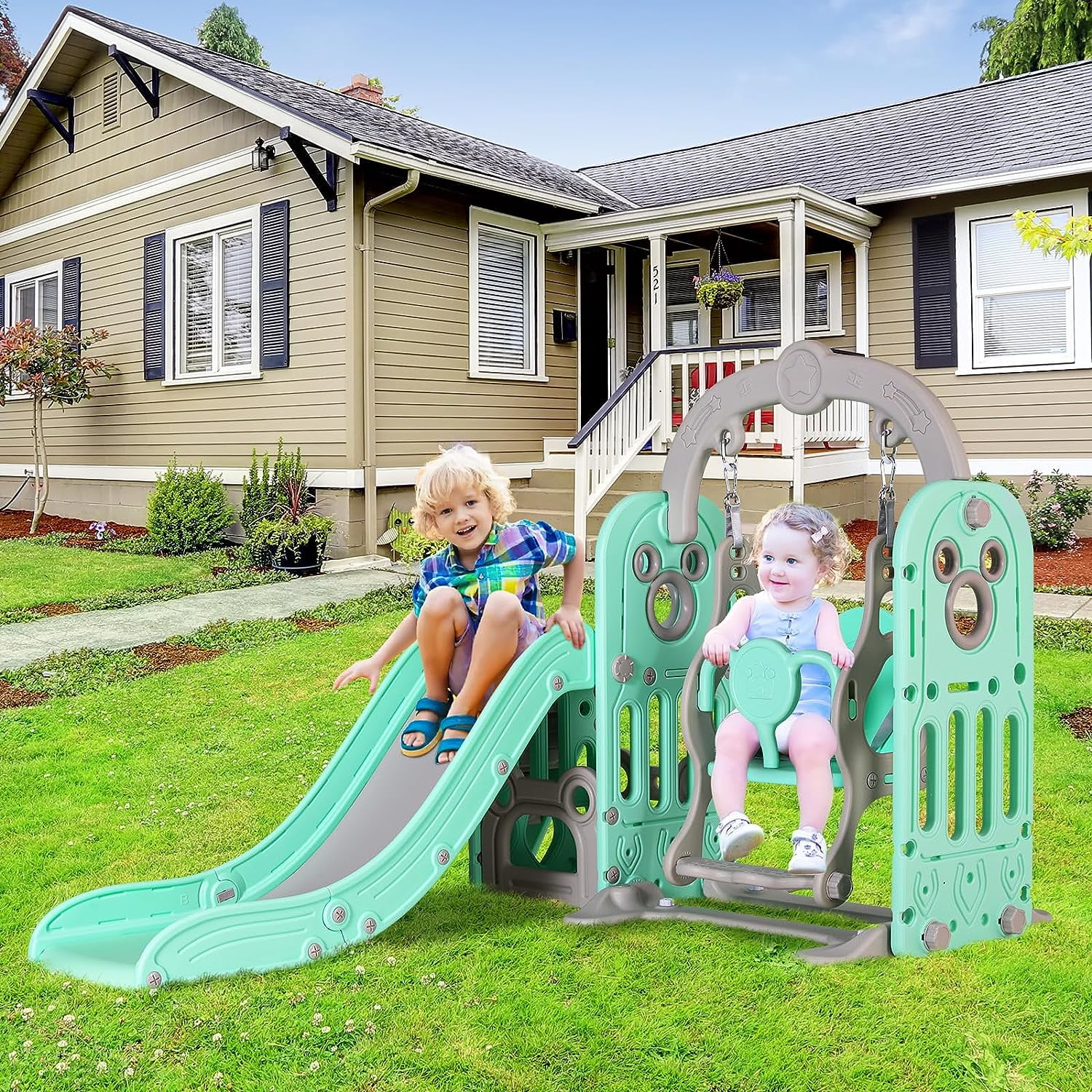 LAZY BUDDY Kids Slide and Swing Set, Toddler Swing Set with Basketball Hoop, Storage Space, Outdoor Indoor Playground for Toddlers 2+