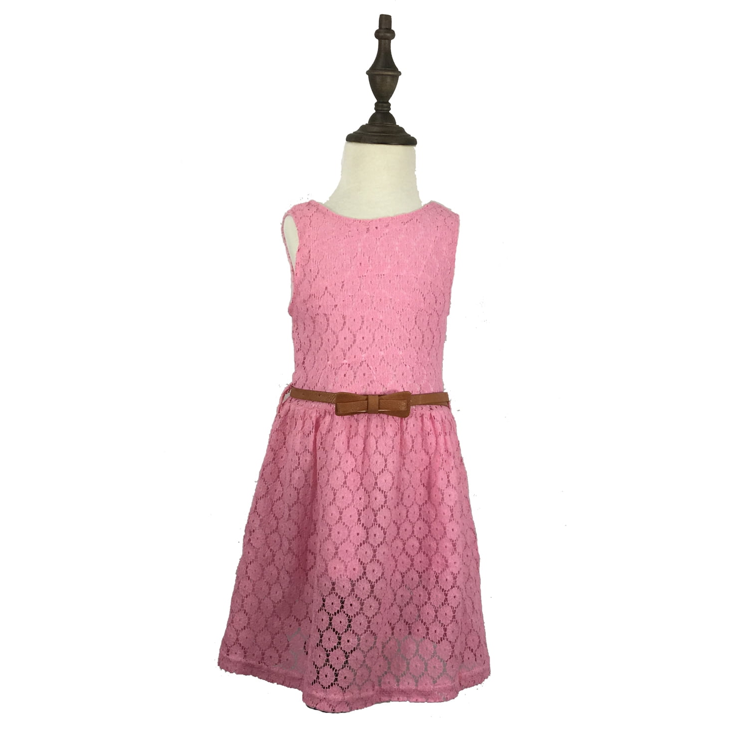 K-Cliffs Little Girls Sleeveless Lace Dress Lace Skirt with Belt, Pink 120