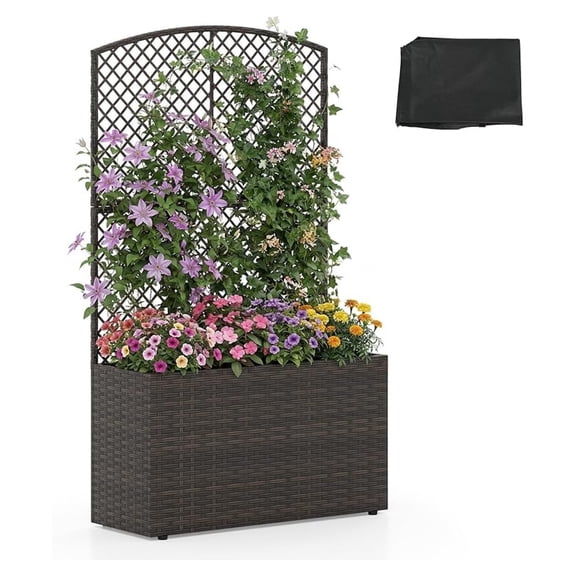 Raised Garden Bed with Trellis, Wicker Planter Box w/Privacy Screen, Liner, Drainage, Outdoor PE Rattan Elevated Garden Bed for Climbing Plant Vine Flower (1, Brown, 29" x 11" x 49")