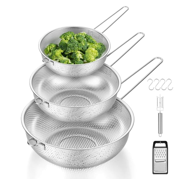 Vesteel Stainless Steel Colander Set of 3 with Handles, Micro-Perforated Strainers (1.7, 3, 4 Quart), Includes 3-in-1 Cheese Grater, Stainless Steel Peeler & 4 S-shaped Hooks