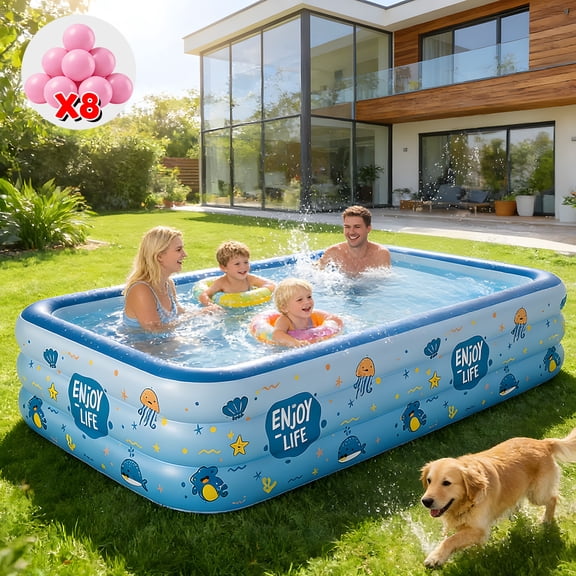 WonderStone Inflatable Swimming Pool, 113'' x 63'' x 20'' Large 3-Layer Thickened PVC Blow Up Pool with 8 Ocean Balls, Durable Family Pool for Adults & Kids, Backyard Garden Summer Water Fun