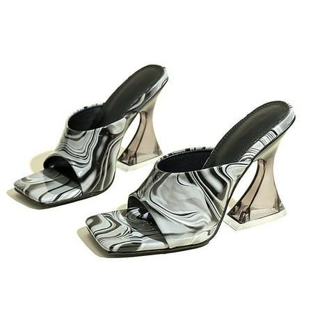 

LIANGP Women s Sandals Fashion Summer Women Sandals Chunky Heels High Heels Square Toe Transparent Heels Party Banquet Nightclub Style Women s Shoes Black Size 6.5