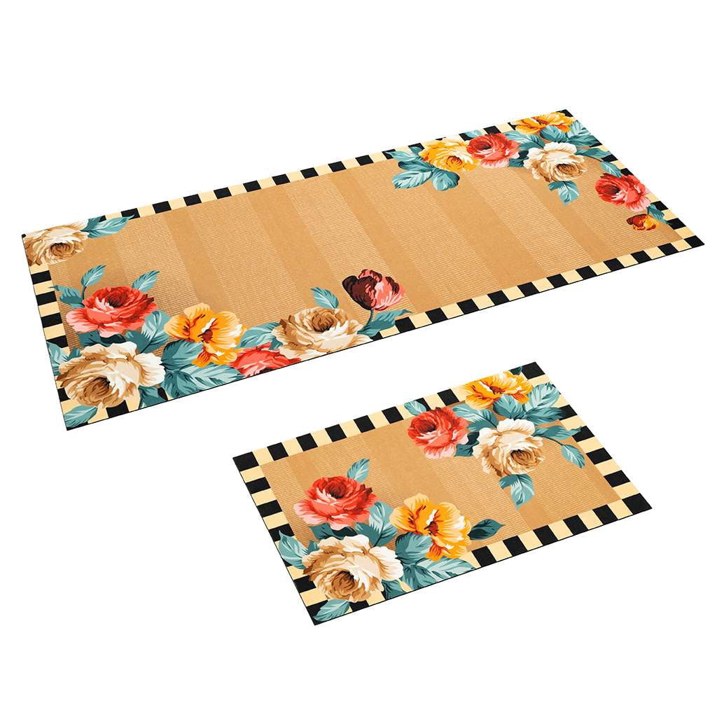 Benissimo-Modern Mats, 24”x62” + 20”x32” Set of 2 Ultra-Thin (1/10 Inch) Kitchen Mat Rubber Backing, Waterproof, Low Profile, Durable&Non Slip, Indoor Floor Mat for Entry, Patio, Border Big Flowers