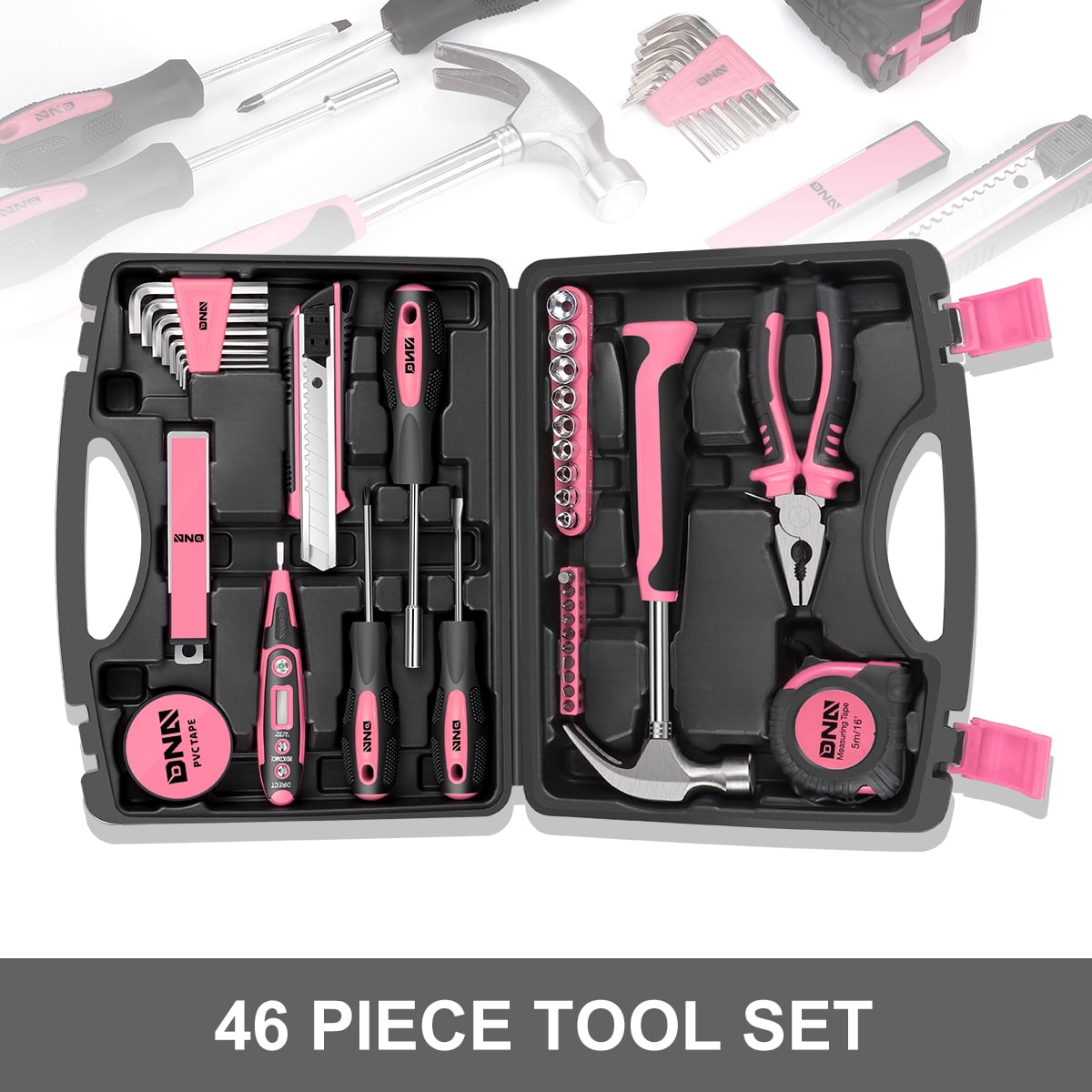 DNA Motoring TOOLS-00014 Pink 46 PCs Home Tool Set Electonic Repair Precision Screwdriver Voltage Tester Hammer Plier DIY Kit