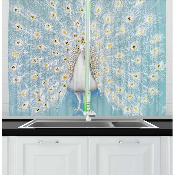 Ambesonne Peacock Kitchen Curtains, Nature Ornate, 55"x45", Yellow Pale Blue