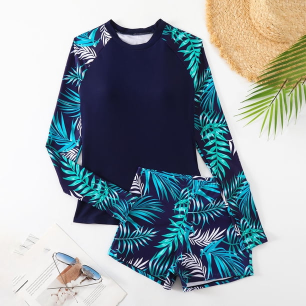 WILLBEST Traje de Baño de Dos Piezas con control de Abdomen para Mujer, Traje de Baño de Manga Larga con Protección Solar Upf 50+, Camiseta de Baño con Parte Inferior Tipo Bóxer
