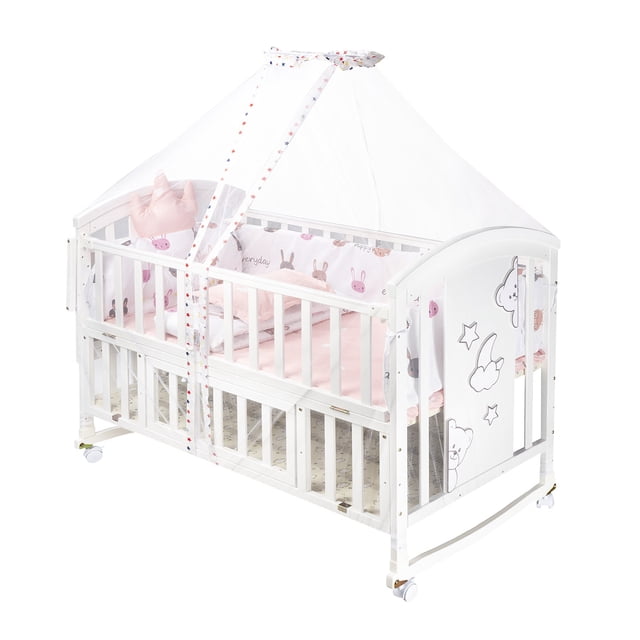 Cuna Mecedora Colecho 5 en 1 Mima2 Con Colchón y Set De Ropa De Cama Color Rosa