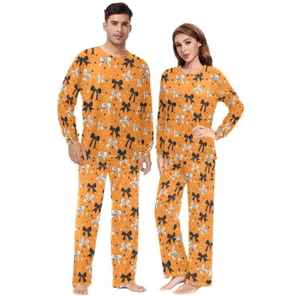 Matching Pajamas for Couples Halloween Themed Bows Orange Background His and Hers Pajamas Sets Soft Long Sleeve Sleepwea