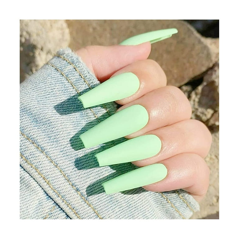 Press on Nails Long Color Gel Fake Nail, Solid Color Manicure Set Including  Jelly Glue, Nail File, Cuticle Stick, 24 Pcs. (light green \u2013 frosted)  