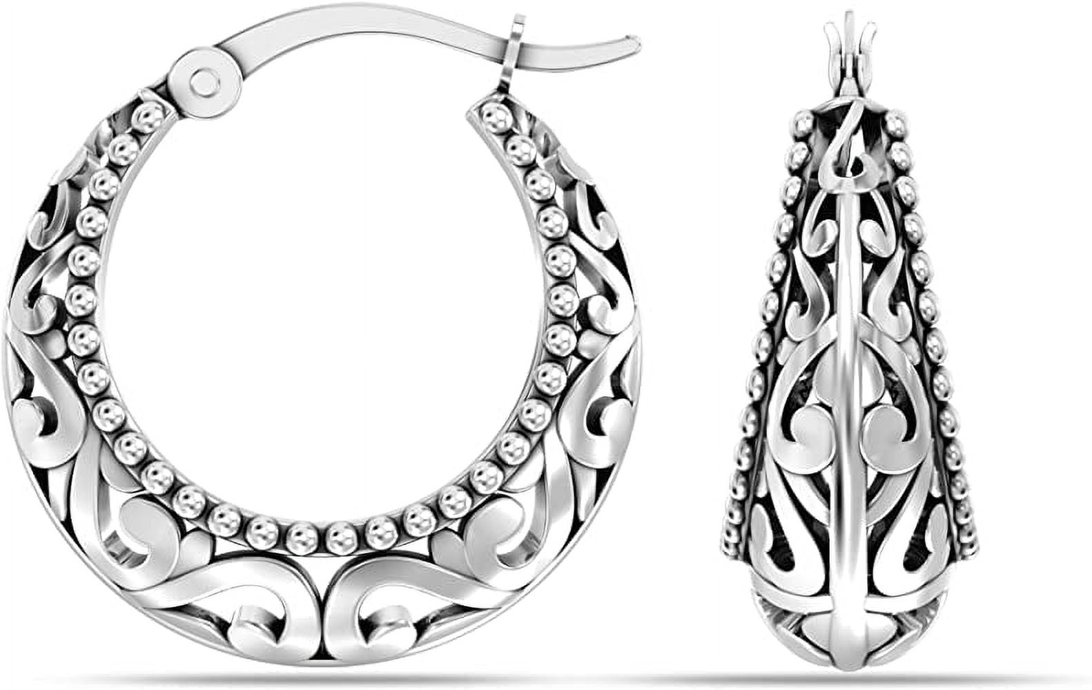 LeCalla 925 Sterling Silver Click Top Hypoallergenic Light Weight Filigree Hoop Earrings for Women and Teen 20MM