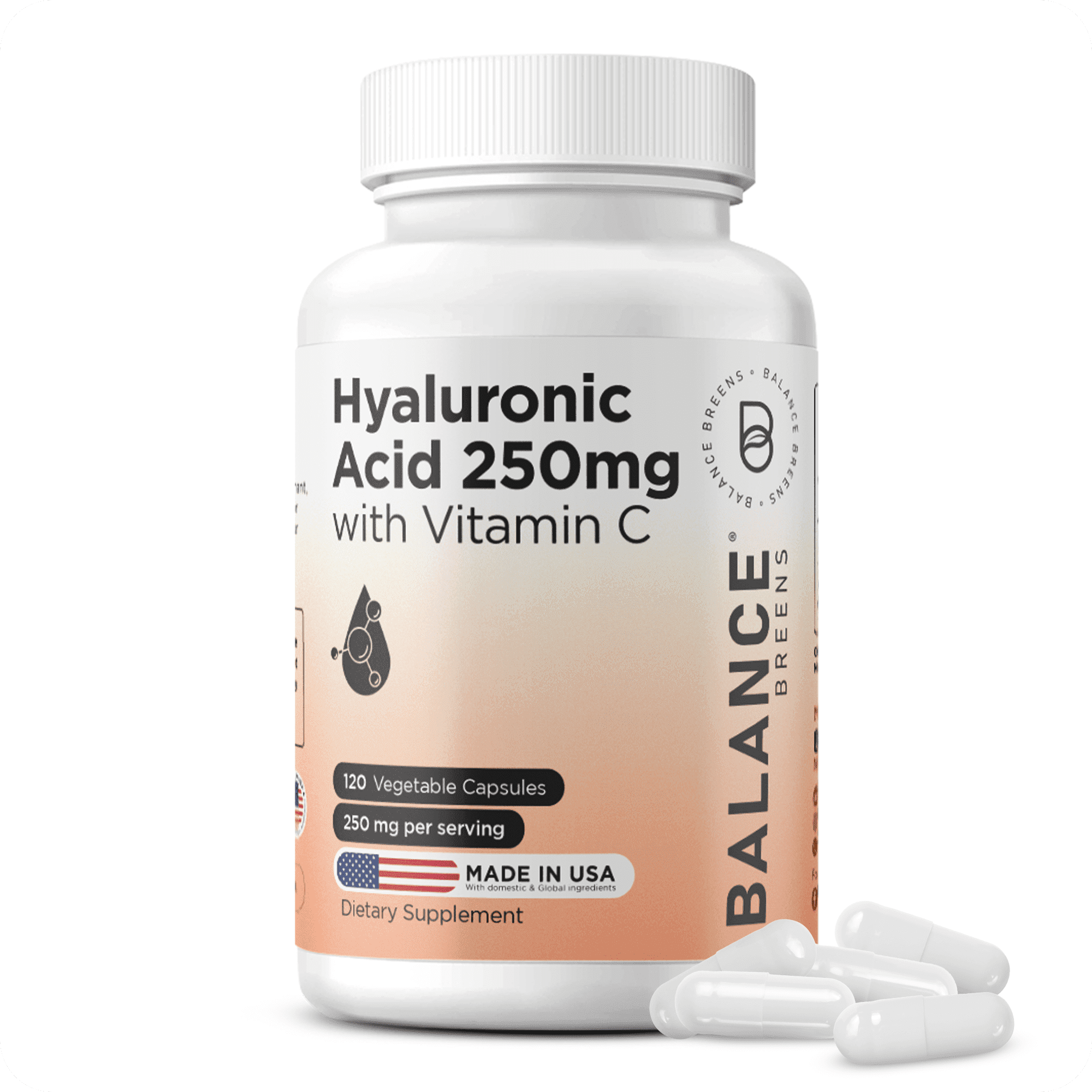 Hyaluronic Acid Supplements 250mg with Vitamin C 50mg Skin Hydration Joint Health 120 Vegan Capsules