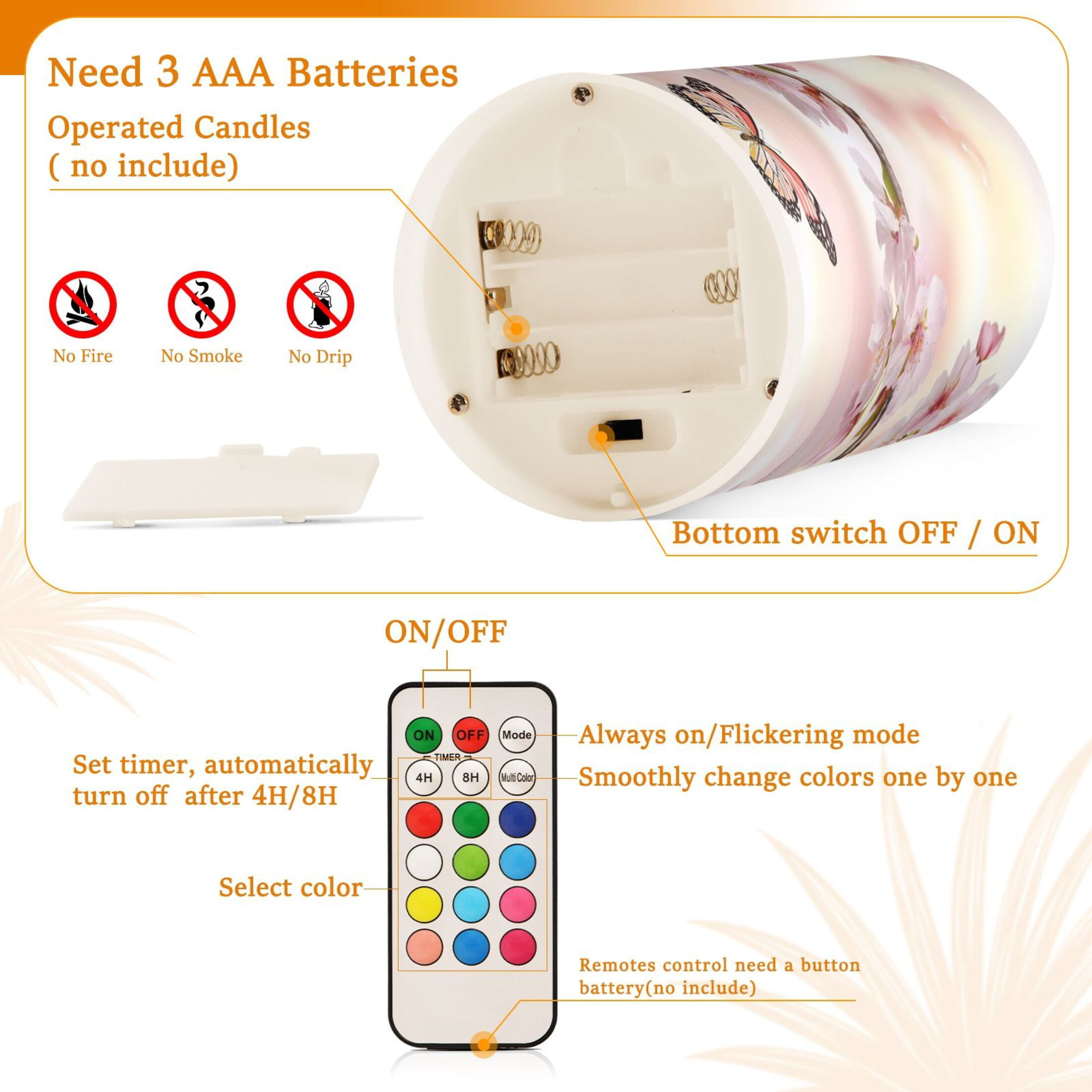 Flameless Candles Lights, Pack of two LED Lights, Dimmable LED Pillar Candles Battery Operated, Flames Remote Control Beautiful Cherry and Butterflies