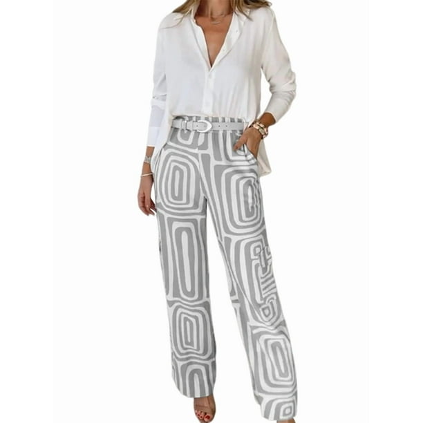 Conjunto de Dos Piezas para Mujer, con Estampado Geométrico, Pantalones de Cintura Alta y Camisa Sencilla. Gris XXXL
