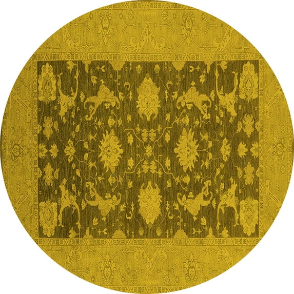 Ahgly Company Machine Washable Indoor Round Oriental Yellow Industrial Area Rugs, 7' Round