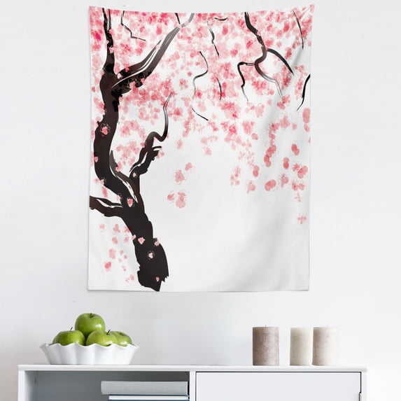Japanese Tapestry, Dogwood Tree Blossom in Watercolor Painting Effect Spring Season Theme Pinkish Tones, Fabric Wall Hanging Decor for Bedroom Living Room Dorm, 5 Sizes, Black Pink, by Ambesonne
