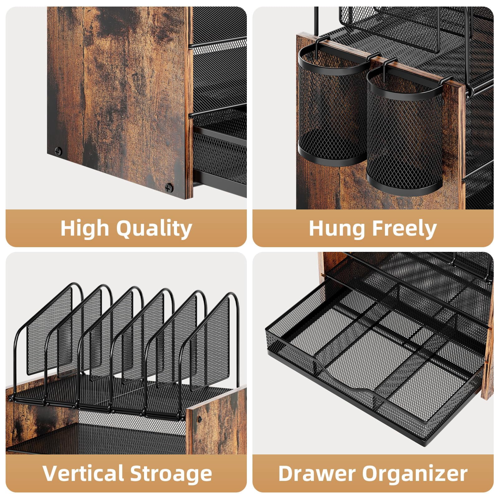 Desk Organizer With Drawer  4-tier Wooden File 5 Vertical Holders And 2 Pen Organizers Accessories For Home Office - Dark Brown