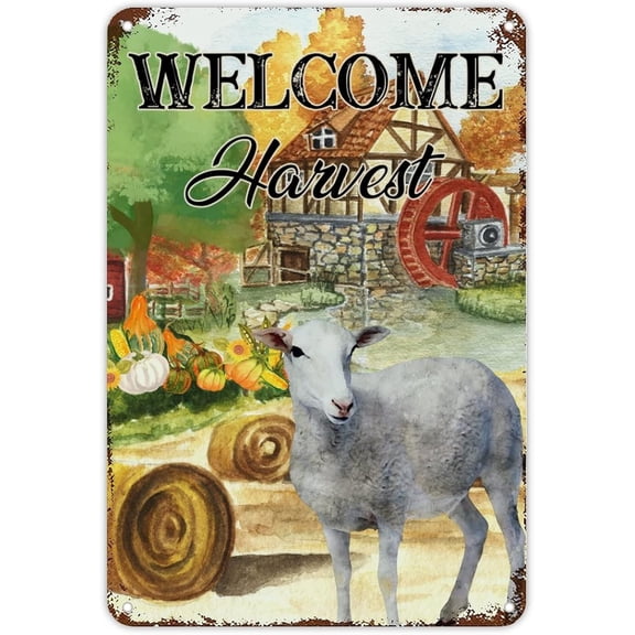 Vintage Farm Barn Gold Pumkin Sheep Goat Metal Tin Sign Fall Thanksgiving Signs Welcome Harvest Wall Art Farmhouse Sign Rustic Wall Decor for Home Man Cave Door Porch Garden Party 12x8 inch