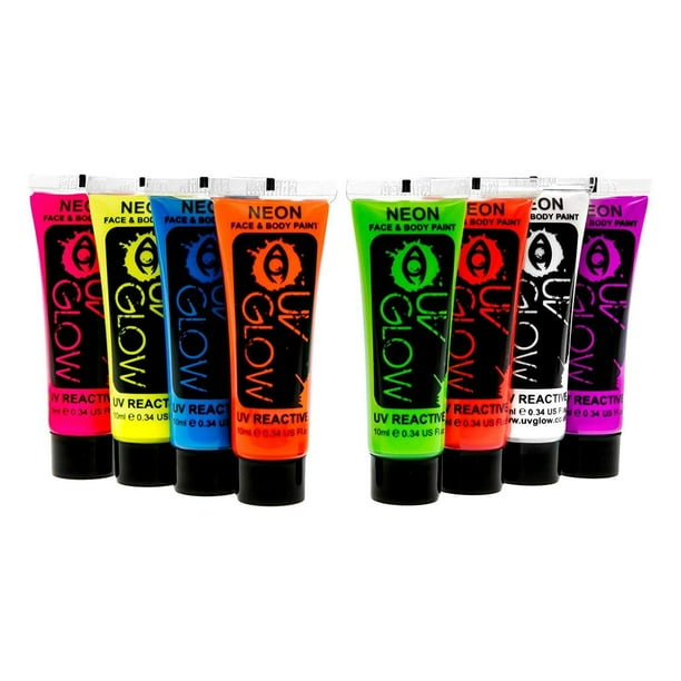 Juego de 8 tubos de pintura facial y corporal UV Glow Blacklight